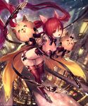  :d absurdres animal_ears armor bikini boots breasts brown_eyes butt_crack cerberus_(shingeki_no_bahamut) cleavage detached_collar gauntlets gloves hair_between_eyes hand_puppet high_heel_boots high_heels highres leaning_forward long_hair medium_breasts open_mouth outdoors outstretched_arm paw_gloves paws puppet red_armor red_hair red_legwear shingeki_no_bahamut side-tie_bikini smile snowing solo standing standing_on_one_leg swimsuit tachikawa_mushimaro thigh_boots thighhighs twintails very_long_hair 
