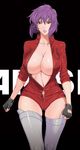  1girl breasts center_opening cleavage fei_(maidoll) female fingerless_gloves ghost_in_the_shell gloves huge_breasts kusanagi_motoko legs looking_at_viewer no_bra purple_hair red_eyes shiny_skin short_hair simple_background solo unzipped weapon 