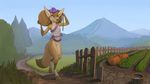  adam_wan bucket canine carrying detailed_background farm female fence fox grass mammal mountain pumpkins tree walking water 