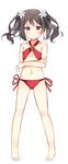  absurdres ass_visible_through_thighs bad_id bad_pixiv_id barefoot bikini black_hair bow crossed_arms cutie_panther dorisu2 full_body furrowed_eyebrows hair_bow highres looking_at_viewer love_live! love_live!_school_idol_project red_eyes short_hair simple_background solo swimsuit twintails white_background yazawa_nico 
