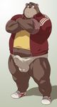  2014 anthro bear belly blush bulge clothed clothing crossed_arms cum_stain erection erection_under_clothes eyebrows footwear gradient_background hair_tuft half-closed_eyes jacket looking_at_viewer low_res magma00_(artist) male mammal midriff musclegut muscles navel shirt shoes simple_background solo standing thick_eyebrows underwear 
