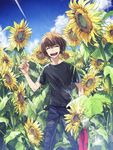  black_shirt brown_hair denim flower highres jeans male_focus moribuden pants shirt short_hair smile sunflower t-shirt yuu-gi-ou yuu-gi-ou_gx yuuki_juudai 