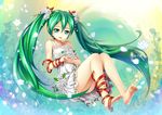  absurdres barefoot crazypen dress flower green_eyes green_hair hair_flower hair_ornament hatsune_miku highres long_hair sitting solo twintails very_long_hair vocaloid white_dress 