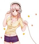  breasts cleavage commentary_request headphones highres large_breasts long_hair looking_at_viewer midriff nitroplus open_mouth pink_hair red_eyes short_shorts shorts smile solo super_sonico tsukunee 