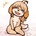  2015 animal_crossing anthro black_nose blush breasts brown_fur brown_hair canine dog eyes_closed female fur hair isabelle_(animal_crossing) mammal multi_nipple naturally_censored nintendo nipples nude open_mouth sansh simple_background sitting small_breasts smile solo tailwag tongue video_games white_background white_fur 