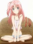  1boy arikawa_hime barefoot blue_eyes camisole crossdressing himegoto panties pink_hair simple_background sitting solo striped_panties trap underwear 