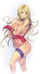  bangle blonde_hair bonne_jenet bracelet breasts choker covering covering_breasts fatal_fury fingerless_gloves floating_hair gloves highres homare_(fool's_art) jewelry large_breasts long_hair mark_of_the_wolves navel nude purple_eyes snk solo thigh_strap 