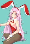  animal_ears ascot ass bad_id bad_pixiv_id black_legwear bunny_ears bunny_tail bunnysuit detached_collar doll_joints faon_ouji fishnet_pantyhose fishnets grin highres long_hair original pantyhose pink_hair red_eyes smile solo tail very_long_hair wrist_cuffs 