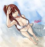  armpits barefoot bikini breasts brown_eyes cleavage collarbone earrings erza_scarlet fairy_tail front-tie_top jewelry large_breasts lips long_hair mashima_hiro navel official_art ponytail red_hair scrunchie shading_eyes shiny shiny_hair side-tie_bikini sidelocks signature smile solo swimsuit translucent_hair white_bikini 