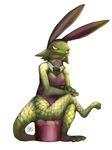  ambiguous_gender anthro blush bow_tie bunny_costume clothing crossed_legs eyelashes fake_ears fishnet fishnet_legwear legwear lizard looking_at_viewer reptile scalie shaolin_bones simple_background sitting slit_pupils yellow_eyes 