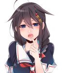  ahoge blue_eyes blush braid brown_hair hair_ornament hair_over_shoulder hair_ribbon kantai_collection looking_at_viewer open_mouth remodel_(kantai_collection) ribbon school_uniform serafuku shigure_(kantai_collection) shisei_(kyuushoku_banchou) short_hair side_ponytail single_braid solo tongue white_background 