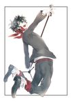  bad_id bad_pixiv_id belt black_hair fukase gloves jumping loafers looking_at_viewer looking_back male_focus meola messy_hair microphone microphone_stand open_mouth original shoes silver_eyes socks solo vocaloid white_gloves 