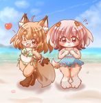  2girls artist_request blush brown_eyes brown_hair cute dog embarrased embarrassed furry long_hair multiple_girls one_eye_closed open_mouth pink_eyes pink_hair short_hair sky summer swimsuit young 