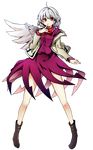  absurdres angel_wings baba_(baba_seimaijo) boots dress full_body highres jacket kishin_sagume legs long_sleeves open_clothes open_jacket purple_dress red_eyes silver_hair single_wing solo tachi-e touhou transparent_background wings 