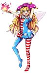  absurdres american_flag_dress american_flag_legwear armpits baba_(baba_seimaijo) blonde_hair clownpiece dress fairy_wings full_body hat highres jester_cap long_hair open_mouth pantyhose pink_eyes print_dress short_dress smile solo striped striped_dress striped_legwear tachi-e torch touhou transparent_background very_long_hair wings 