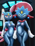  anthro anthrofied blue_eyes breasts dark-moltres duo female hand_holding looking_at_viewer nintendo nude pok&eacute;mon red_eyes sneasel video_games weavile wide_hips 