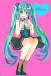  2015 ahoge aqua_eyes aqua_hair dated dress hatsune_miku long_hair looking_at_viewer mikipa nail_polish necktie open_mouth pink_background sitting socks solo twintails very_long_hair vocaloid 
