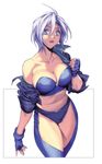  :d ahoge angel_(kof) bare_shoulders blue_bra blue_eyes bra breasts chaps cleavage collarbone cowboy_shot fingerless_gloves gloves highres homare_(fool's_art) jacket large_breasts looking_at_viewer midriff navel off_shoulder open_clothes open_jacket open_mouth short_hair simple_background sleeves_pushed_up smile solo standing the_king_of_fighters underwear white_background white_hair 