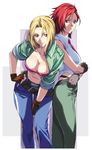  belt blonde_hair blue_eyes blue_mary breasts brown_eyes cleavage denim fatal_fury fingerless_gloves gloves homare_(fool&#039;s_art) homare_(fool's_art) jacket jeans king_of_fighters large_breasts multiple_girls necktie pants red_hair simple_background snk tubetop vanessa_(king_of_fighters) 