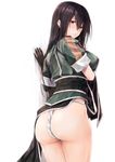  ass black_gloves black_hair blush brown_eyes chikuma_(kantai_collection) clothes_lift commentary_request from_behind fundoshi gloves japanese_clothes kantai_collection long_hair looking_at_viewer looking_back pelvic_curtain remodel_(kantai_collection) solo standing suien tears 