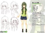  character_profile cu-no green_eyes green_hair highres hisenkaede nonono_futaba short_shorts shorts solo translation_request 