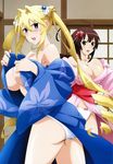  2girls :d absurdres ahoge angry ass black_hair blonde_hair blue_eyes blush bow bow_panties breasts brown_hair cleavage drill_hair embarrassed floral_print flower from_behind hair_flower hair_intakes hair_ornament highres japanese_clothes jewelry kimono large_breasts legs long_hair looking_back multiple_girls musubi nagamachi_hideki no_bra nyantype off_shoulder official_art open_clothes open_mouth orange_eyes panties pantyshot scan sekirei sideboob smile thighs tsukiumi twintails underwear undressing very_long_hair white_panties yukata 