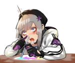  1girl aa-12_(girls_frontline) ahegao ahoge arm_support bangs black_gloves black_hat blue_eyes cocaine commentary_request drinking_straw drooling drugs eyebrows_visible_through_hair girls_frontline gloves hat heart heart-shaped_pupils highres holding ihobus jacket korean_commentary long_hair long_sleeves open_mouth silver_hair simple_background sketch snorting solo symbol-shaped_pupils table upper_body wavy_mouth white_background white_jacket 