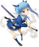  blue_hair highres hirokiku katana long_hair looking_at_viewer original red_eyes solo sword twintails uniform weapon 