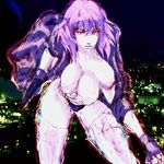  1girl breasts city cyborg female ghost_in_the_shell ghost_in_the_shell_stand_alone_complex jacket kusanagi_motoko large_breasts looking_at_viewer night no_bra pistol purple_hair short_hair sky weapon 