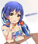  :o bad_id bad_pixiv_id bangs bikini blue_hair blush bracelet breasts cleavage dorisu2 flower flower_necklace hair_flower hair_ornament hairclip hairpin heart highres homework index_finger_raised jewelry long_hair looking_at_viewer love_live! love_live!_school_idol_project necklace open_mouth shoulder_tattoo solo sonoda_umi swimsuit tattoo translated upper_body v-shaped_eyebrows wristband yellow_eyes 
