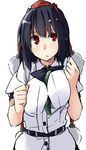  :/ between_breasts black_hair breast_squeeze breasts cucumber expressionless hat hat_ribbon kamukamu_(ars) large_breasts pom_pom_(clothes) red_eyes ribbon sexually_suggestive shameimaru_aya solo tokin_hat touhou 