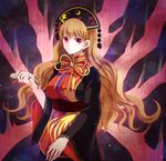  black_dress blonde_hair blood chinese_clothes dress frog hat junko_(touhou) kaede_(mmkeyy) long_hair long_sleeves looking_at_viewer red_eyes smile solo tabard touhou wide_sleeves 