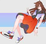  alternate_costume animal_ears brown_hair capelet casual dress full_body grey_background imaizumi_kagerou long_hair looking_at_viewer oasis-lyla red_eyes shoes simple_background sleeveless smile sneakers solo sweater_around_neck touhou v watch wolf_ears wristwatch 