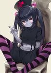  ass black_hair chair chrome_(mon-musu_quest!) crop_top demon_girl hat horns long_hair midriff mon-musu_quest! navel nurse_cap pantyhose pink_eyes puffy_shorts red_cross revision ringed_eyes shorts sitting smile solo spread_legs striped striped_legwear suspenders syringe twintails very_long_hair yappen 
