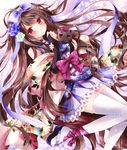  :o amelie-san_(nogi_takayoshi) animal ankle_ribbon bangs black_cat blush bow bridal_gauntlets brown_hair cat choker clog_sandals floral_print flower frills hair_flower hair_ornament hair_ribbon hydrangea long_hair looking_at_viewer nogi_takayoshi original pleated_skirt purple_ribbon rain red_eyes ribbon skirt solo thighhighs very_long_hair white_legwear zettai_ryouiki 