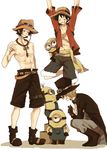  3boys belt boots brothers cravat crossover cyclops freckles goggles hat jacket male_focus minions monkey_d_luffy multiple_boys necklace one-eyed one_piece open_shirt overalls portgas_d_ace sabo_(one_piece) sash scar shirt shorts siblings simple_background smile stampede_string straw_hat thigh_strap top_hat topless 