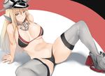  bikini bismarck_(kantai_collection) blonde_hair blue_eyes blush breasts cameltoe cleavage grey_legwear hat hews_hack kantai_collection large_breasts long_hair looking_at_viewer military_hat navel sitting smile solo swimsuit thighhighs 