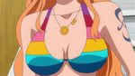  1girl animated animated_gif bangle bare_shoulders bikini bouncing_breasts bracelet breasts female head_out_of_frame jewelry log_pose long_hair nami_(one_piece) one_piece one_piece_film_z orange_hair screencap solo swimsuit tattoo 