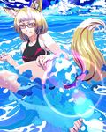  animal_ears ass bare_shoulders barefoot blonde_hair fox_ears glasses lens_flare licking_lips ocean original solo swimsuit tail tongue tongue_out waves wokue yellow_eyes 