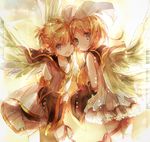  1girl ;o angel_wings blonde_hair blue_eyes detached_sleeves hair_ornament hairband hairclip highres inaresi interlocked_fingers kagamine_len kagamine_rin looking_at_viewer necktie one_eye_closed sailor_collar skirt smile vocaloid wide_sleeves wings 