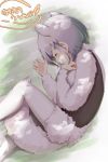  anteater_ears anteater_tail blush closed_eyes commentary copyright_name curled_up extra_ears fur_collar grey_hair kemono_friends long_sleeves lying multicolored_hair note_(suzu_note000) on_side pantyhose short_hair shorts sleeveless solo southern_tamandua_(kemono_friends) translated white_hair 