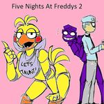  2015 animatronic avian bent_over bird chicken clothing female five_nights_at_freddy&#039;s five_nights_at_freddy&#039;s_2 human jeremy_fitzgerald_(fnaf) looking_at_viewer machine mammal phone_guy_(fnaf) purple_man_(fnaf) robot smile toy_chica_(fnaf) video_games yellow_skin 