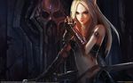  armor blonde_hair blood blood_elf chenbo gloves grey_eyes highres long_hair navel pointy_ears signature skull solo sword warcraft watermark weapon web_address world_of_warcraft 