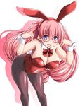  animal_ears bent_over bow bowtie breasts bunny_ears bunny_tail bunnysuit cleavage detached_collar glasses huge_breasts leotard log-mi_(tonpuu) long_hair original pantyhose pink_hair purple_eyes red_leotard side-tie_leotard solo tail tonpuu twintails wrist_cuffs 