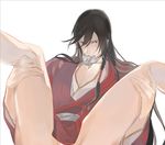  androgynous black_hair blue_eyes blush izumi-no-kami_kanesada japanese_clothes long_hair male_focus pectorals presenting solo spread_legs subdue_ezwei touken_ranbu 