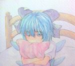  acrylic_paint_(medium) bed blue_eyes blue_hair bow cirno graphite_(medium) hair_bow hug ice ice_wings on_bed pillow pillow_hug short_hair sitting sitting_on_bed solo texture touhou traditional_media upper_body watercolor_(medium) wings yuyu_(00365676) 