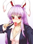  animal_ears blazer blush breasts bunny_ears cleavage collarbone condom condom_in_mouth highres itou_yuuji jacket large_breasts long_hair long_sleeves looking_at_viewer mouth_hold open_blazer open_clothes open_jacket open_shirt purple_hair red_eyes reisen_udongein_inaba shirt solo touhou unbuttoned upper_body v very_long_hair 