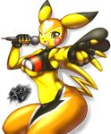  2015 anthro blush breasts clothed clothing cosplay_pikachu female fur looking_at_viewer mammal microphone mnxenx001 navel nintendo one_eye_closed open_mouth pikachu pikachu_libre pok&eacute;mon rodent simple_background smile solo video_games wink yellow_fur 