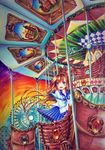  1girl absurdres amusement_park blue_eyes brown_hair bug butterfly carousel colored_pencil_(medium) ferris_wheel gem highres insect long_hair open_mouth original roller_coaster school_uniform solo traditional_media 