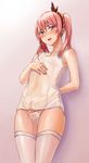  1boy androgynous arm_behind_back artist_request atsu blush bulge crossdressing earrings erection hairband highres jewelry male male_focus mole mole_under_eye penis purple_eyes red_hair see-through simple_background solo swimsuit thighhighs tied_hair trap twintails 
